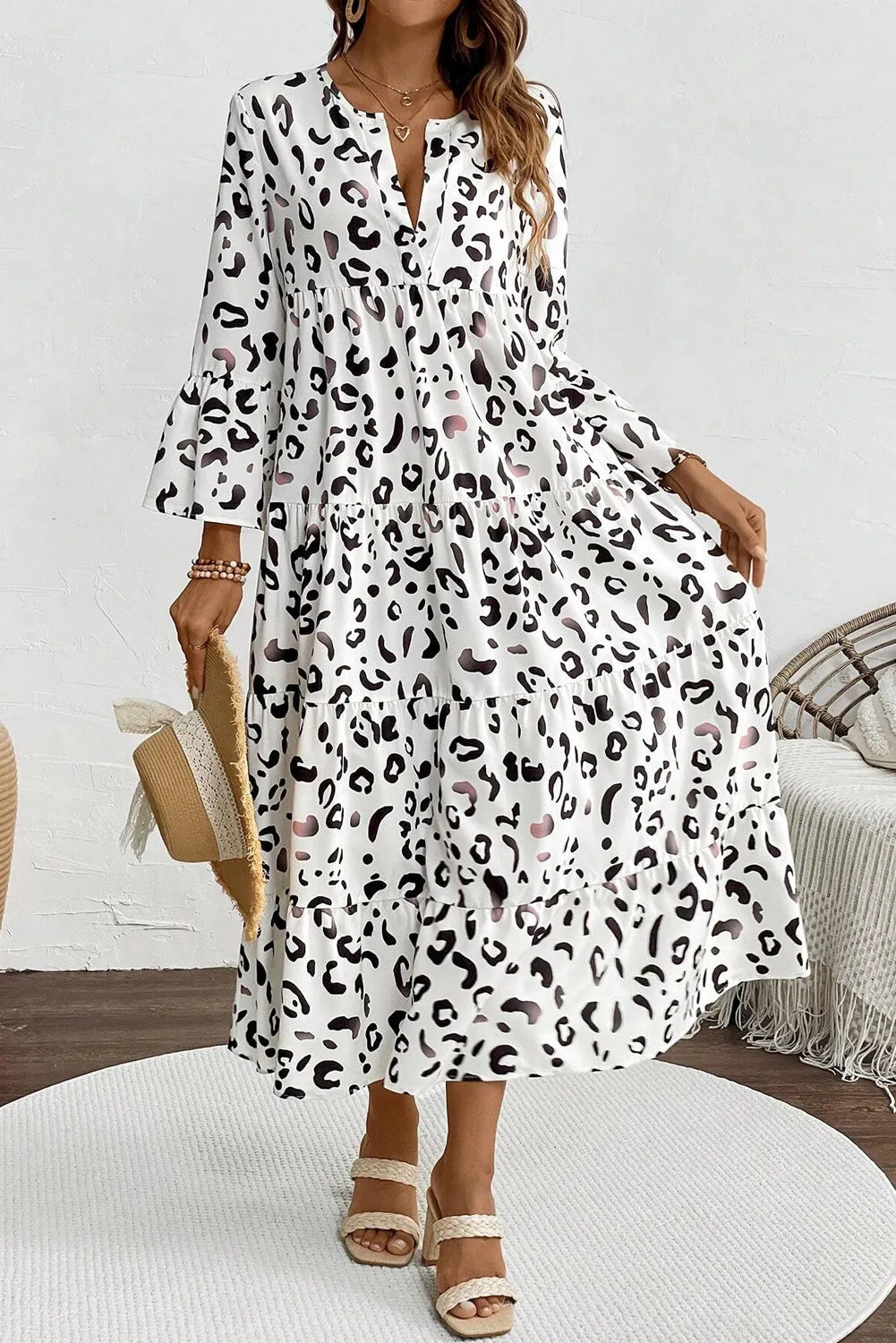 winter dressTiered Leopard Notched Three-Quarter Sleeve Dress