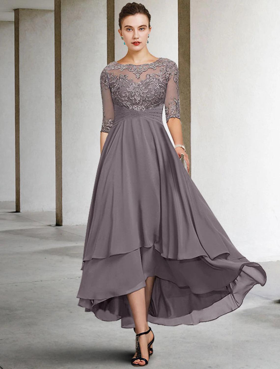 Limited Time Discount A-Line Mother of the Bride Dress Plus Size Elegant High Low Jewel Neck Asymmetrical Ankle Length Chiffon Lace Half Sleeve with Beading Ruffles Appliques Limited Time Discount A-Line Mother of the Bride Dress Plus Size Elegant High Low Jewel Neck Asymmetrical Ankle Length Chiffon Lace Half Sleeve with Beading Ruffles Appliques