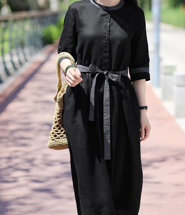 cocktail dressBlack Women Dresses Ramie Casual Spring Linen Women Dresses Half Sleeve SSM97215