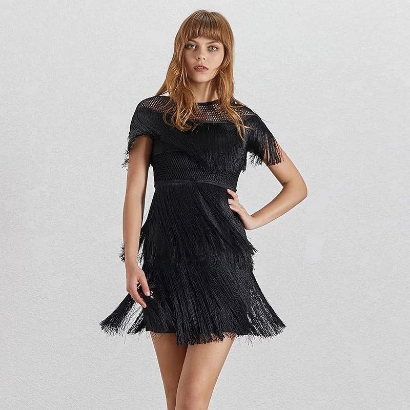 cocktail dressThree Layer Fringe Lux Mesh Dress