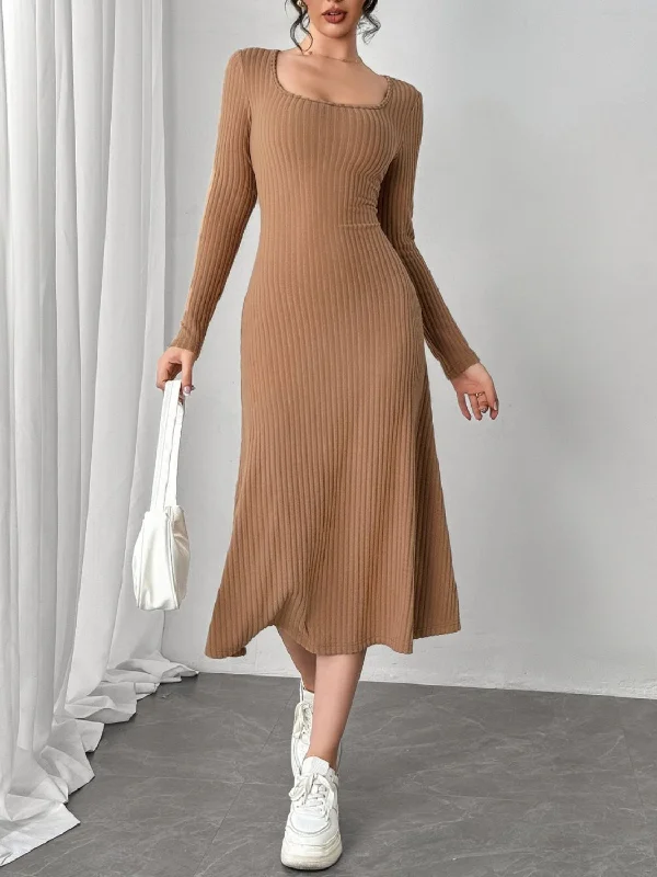 casual day dressSquare Neck Long Sleeve Midi Wrap Dress