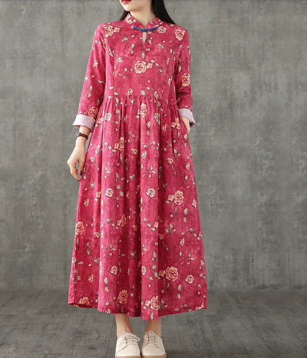 chic dressFloral Long Sleeve Summer Spring Cotton Linen Women loose Dresses DZA20632