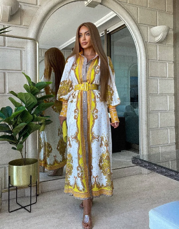 chic shift dressYellow Ethnic Print Long Shirt Dress