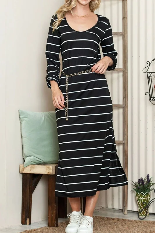 satin midi dressSlit Striped Scoop Neck Long Sleeve Midi Tee Dress