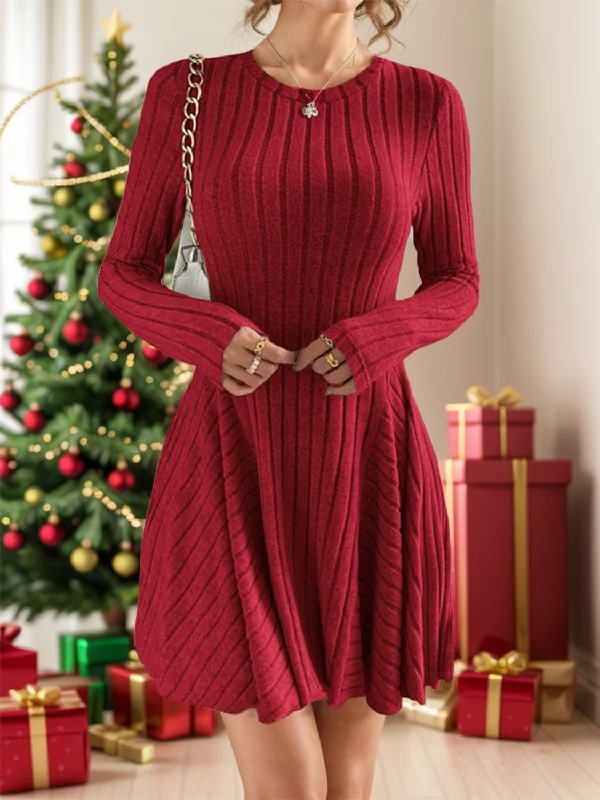 cocktail dressRibbed Round Neck Long Sleeve Dress