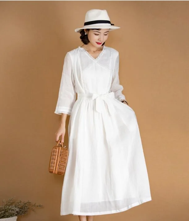 backless dressWhite Women Dresses Ramie Casual Spring Linen Women Dresses MN97215