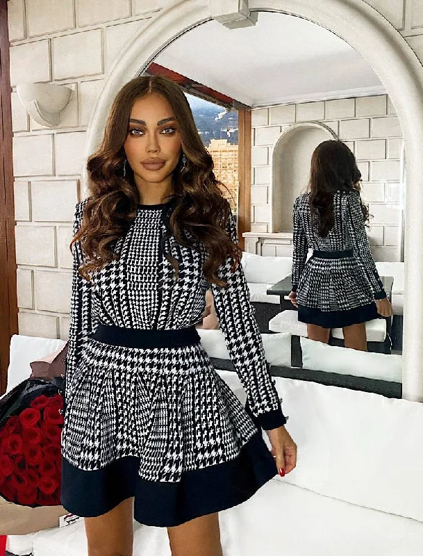 sophisticated dressHoundstooth Knitted Long Sleeve Top and Elastic Waist Skirt Two Piece Set