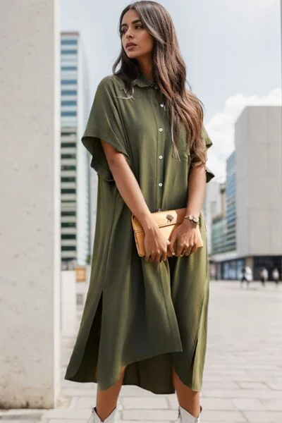 boho dressSlit Button Up Half Sleeve Dress