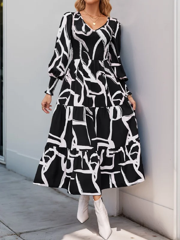 flowy dressPerfee Smocked Printed Long Sleeve Midi Dress