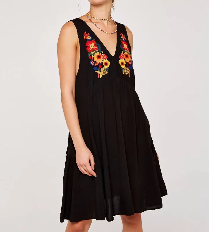 casual midi dressEmbroidered Swing Dress In Black