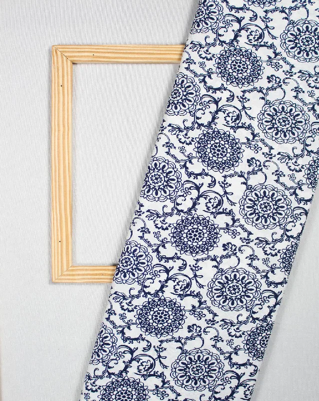 vintage-inspired dressWhite And Navy Blue Floral Design Polyester Crepe Fabric