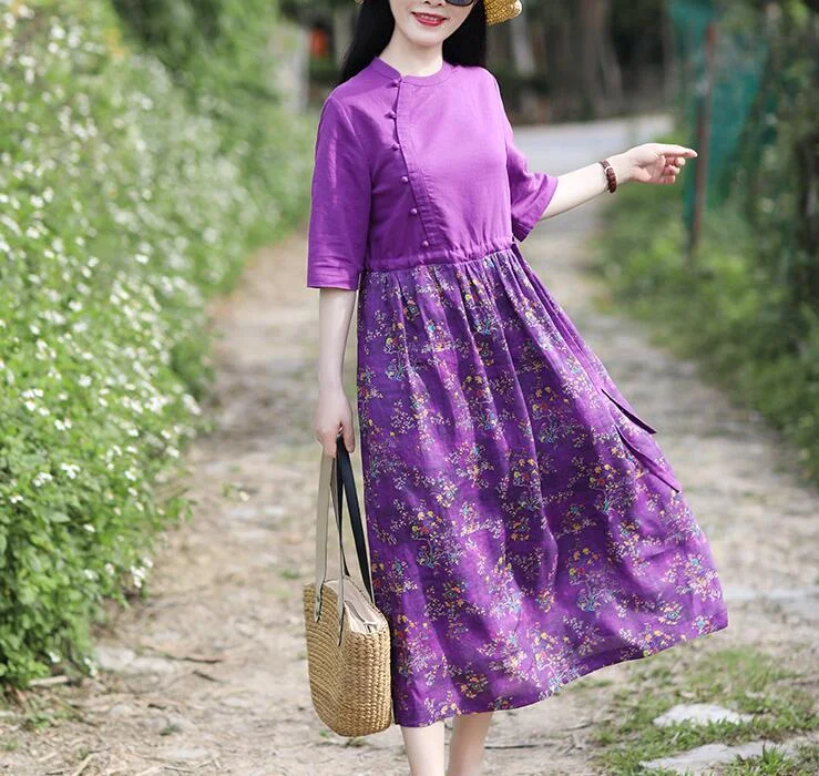 chic shift dressPurple Patchwork Women Dresses Casual Spring Linen Women Dresses Half Sleeve SSM97215