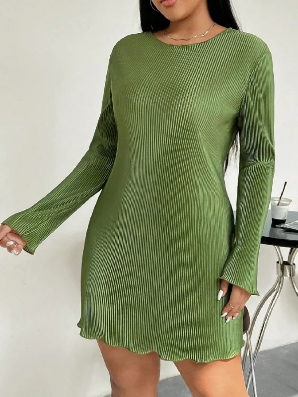 sleek midi dressHoney Plus Size Lettuce Hem Round Neck Long Sleeve Dress