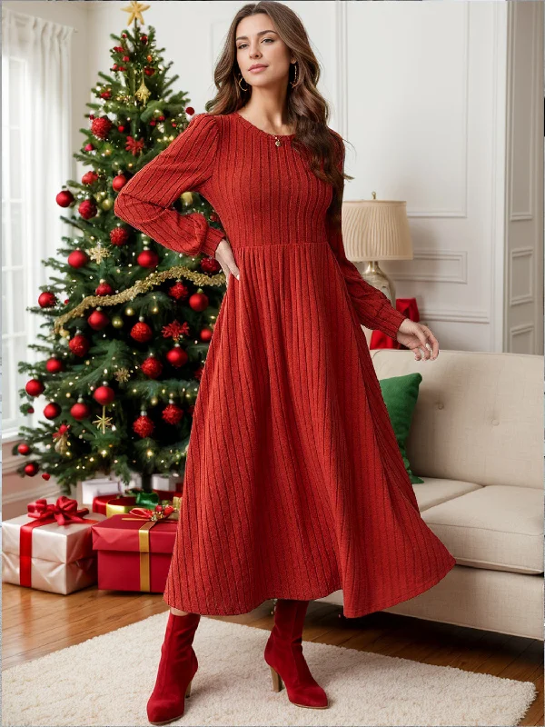 pleated dressRibbed Round Neck Long Sleeve Dress