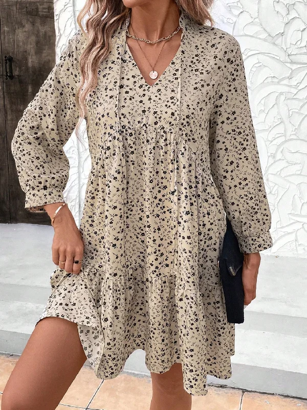 casual day dressTied Printed Long Sleeve Mini Dress