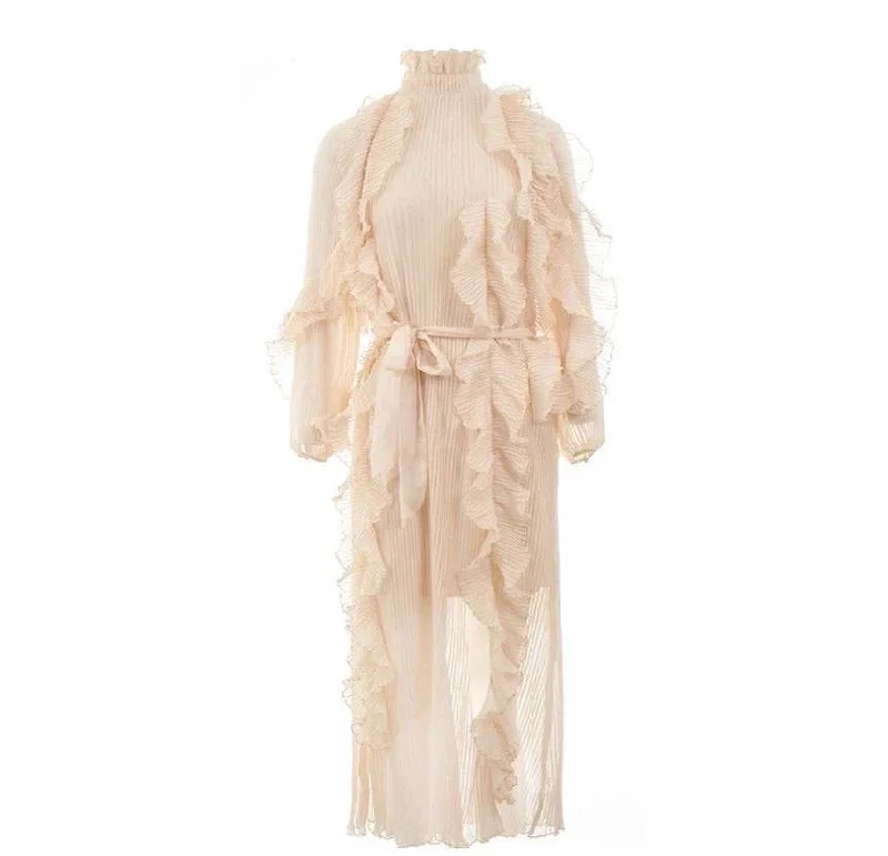 playful dressBeige High Neck Ruffle Pleated Maxi Dress