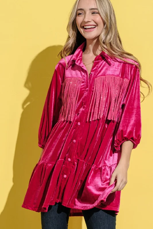 tiered dressAnd The Why Fringe Detailed Velvet Shirt Dress