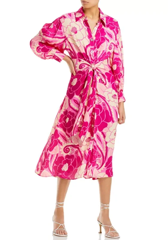 satin dressTropical Groove Pink Midi Dress In Pink Multi