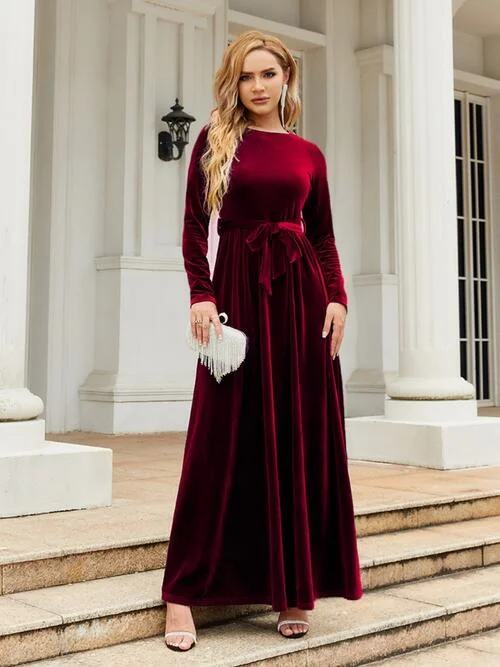 elegant evening dressTie Front Round Neck Long Sleeve Maxi Dress