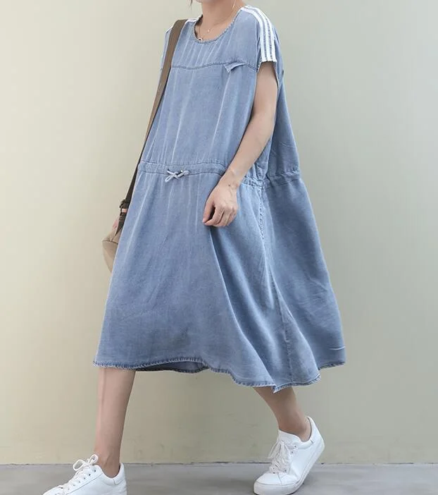 casual slip dressDraw String O Neck Women Dresses Casual Linen Women Dresses Bat Short Sleeve SSM97215