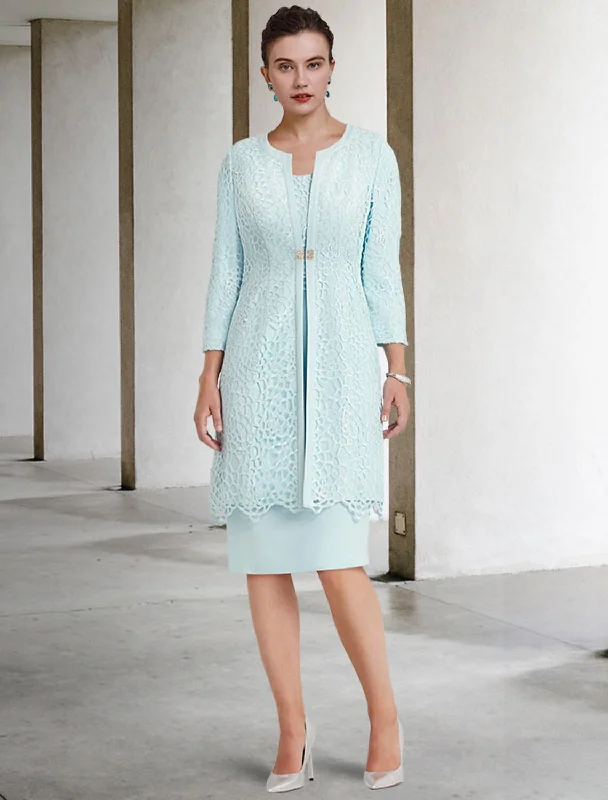 Factory Direct Sale Two Piece Sheath / Column Mother of the Bride Dress Church Elegant Winter With Jacket Half Sleeve Scoop Neck Knee Length Lace Stretch Chiffon Crystal Brooch Factory Direct Sale Two Piece Sheath / Column Mother of the Bride Dress Church Elegant Winter With Jacket Half Sleeve Scoop Neck Knee Length Lace Stretch Chiffon Crystal Brooch