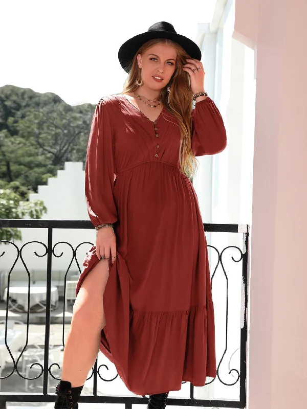 boho dressPlus Size Quarter Button V-Neck Long Sleeve Dress