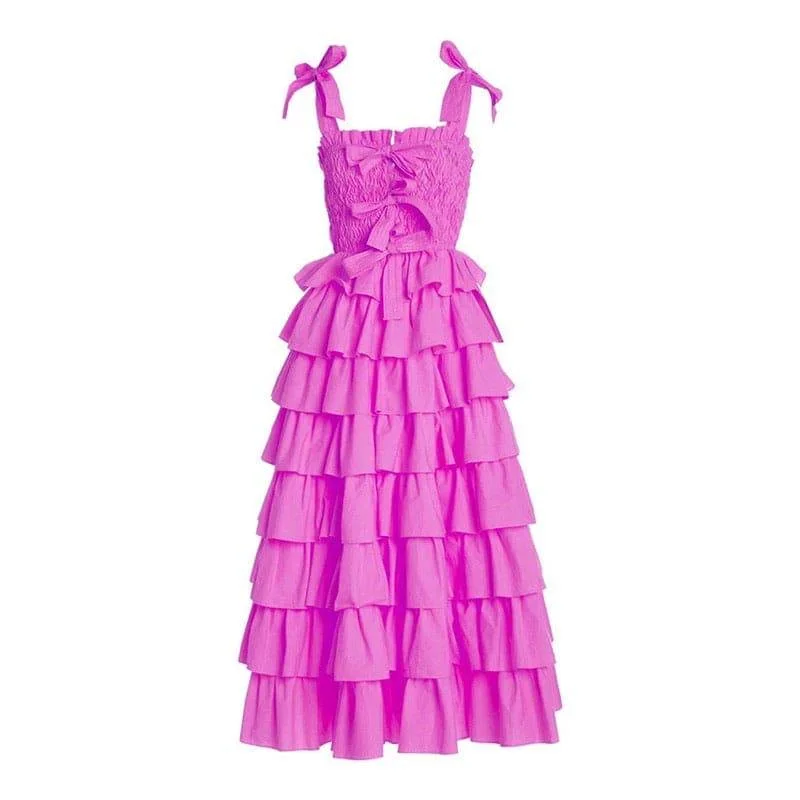 pleated dressPink Multi Layer Bow Spaghetti Strap Maxi Dress