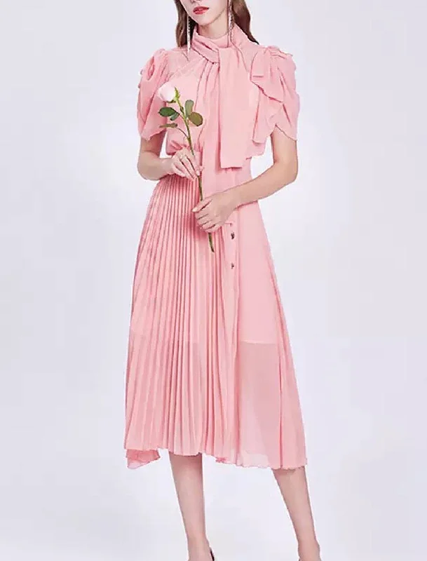 backless dressChiffon Pleated Skirt Stand Collar Midi Dress