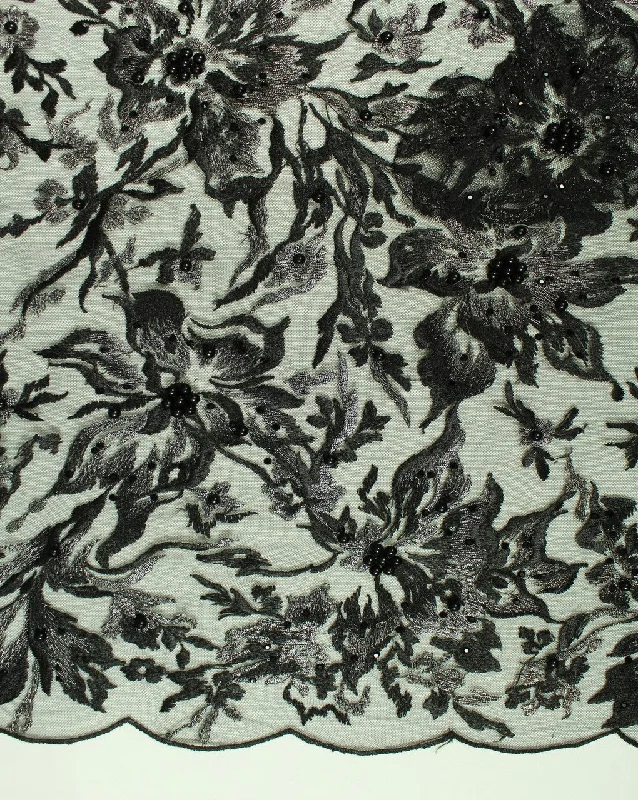 elegant dressBlack And Silver Floral Design Polyester Net Embroidered Fabric