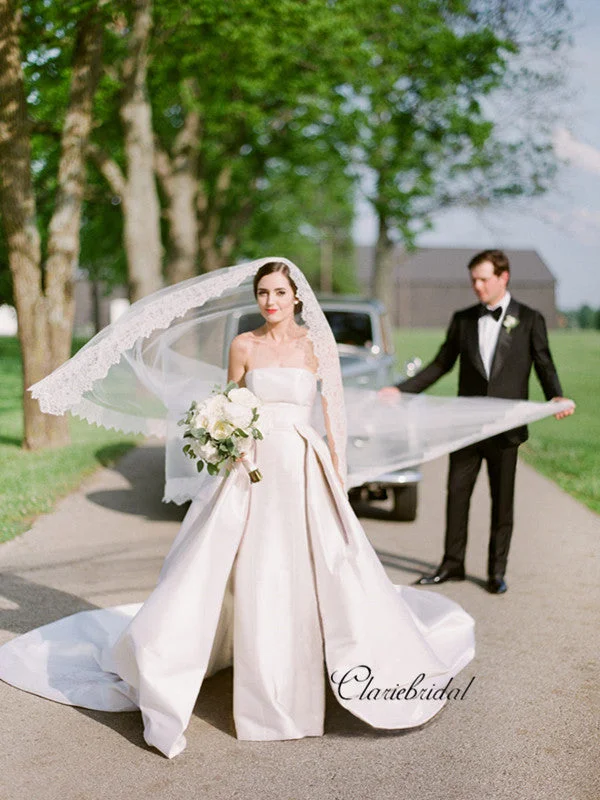 Act Now Fashion Unique Satin Wedding Dresses, Strapless Wedding Dresses With Veil
