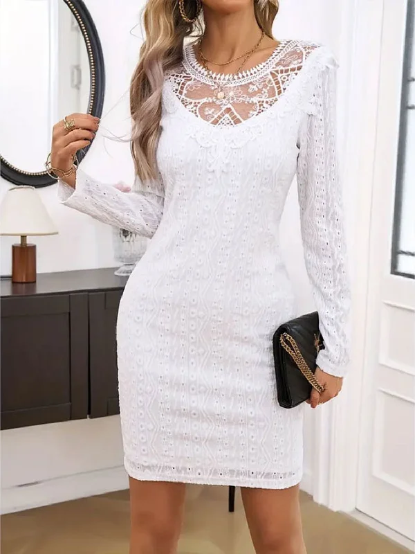 elegant dressLace Detail Round Neck Long Sleeve Mini Dress