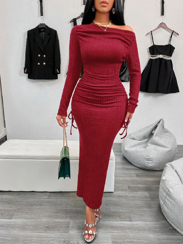 casual evening dressDrawstring Textured Long Sleeve Wrap Dress