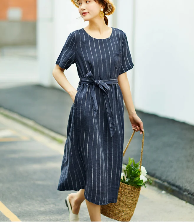 flowy evening dressStripe Women Dresses Casual Summer Buttons Linen Shirts Women Dresses SSM97215