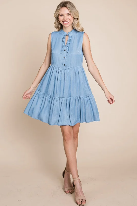 flowy maxi dressChambray Tiered Sleeveless Ruffled Babydoll Dress