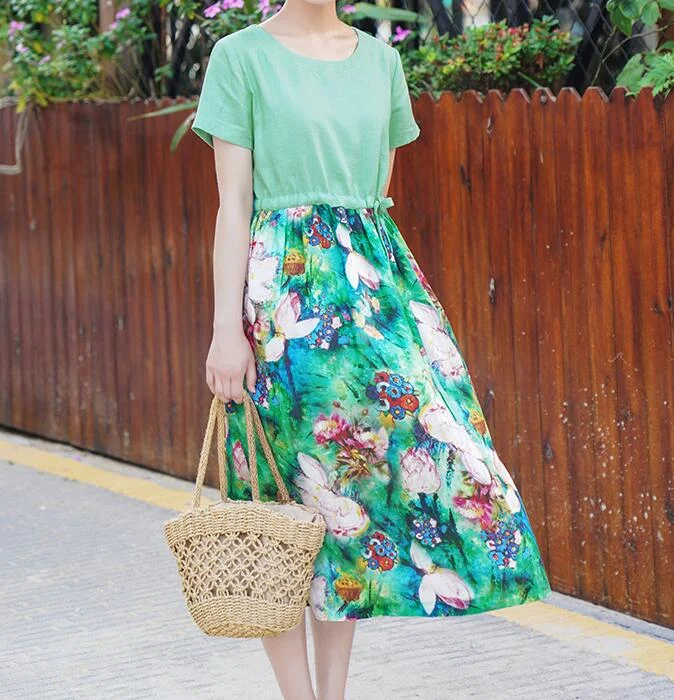 formal dressPatchwork Green Women Dresses Ramie Casual  Linen Women Dresses Short Sleeve SSM97215