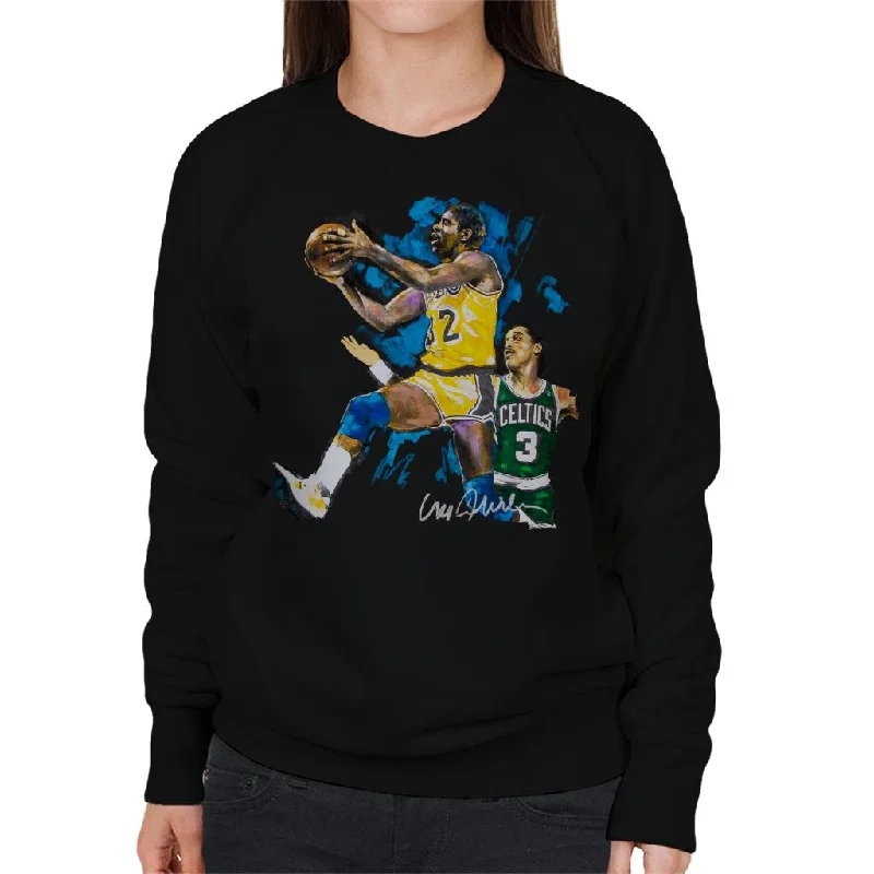 cozy gym sweatshirtSidney Maurer Original Portrait Of Magic Johnson Lakers Vs Celtics Women's Sweatshirt