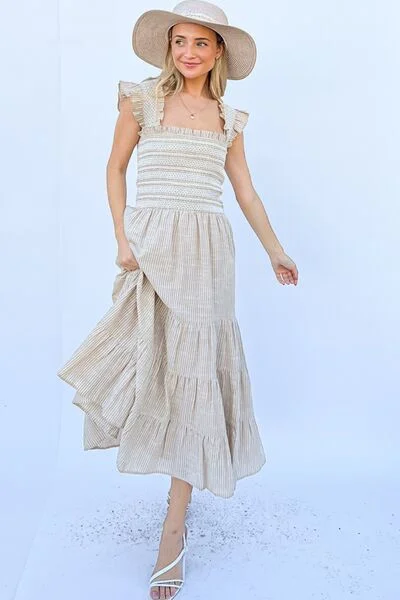 comfy maxi dressAnd The Why Linen Striped Ruffle Dress