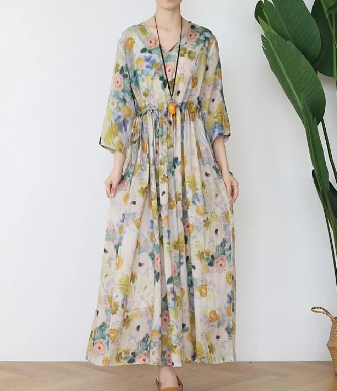 tiered dressFlower Ramie Loose Women Summer Fashion Long Dresses V Neck Waist String AMT962328