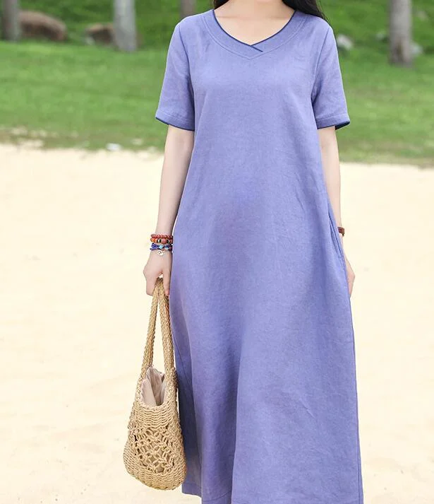 vintage dressPurple V Neck Women Dresses Ramie Casual Spring Linen Women Dresses MN97215