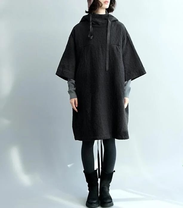 draped dressBlack Loose Women Hooded Short Cotton Linen Sleeve Spring Dresses