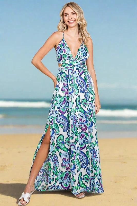 denim dressDeep V Neck Open Back Printed Boho Maxi Dress