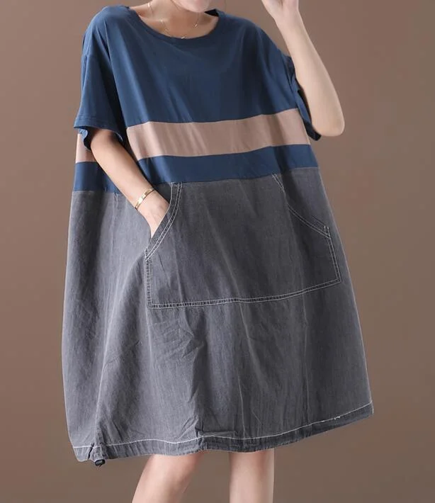 relaxed fit dressColor Patchwork O Neck Women Dresses Casual Linen Women Dresses Bat Short Sleeve SSM97215