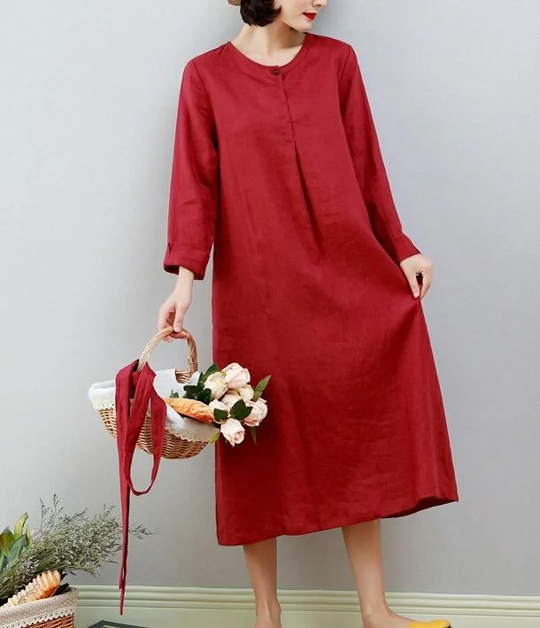 fitted cocktail dressRed Women Dresses Ramie Casual Spring Linen Women Dresses MN97215