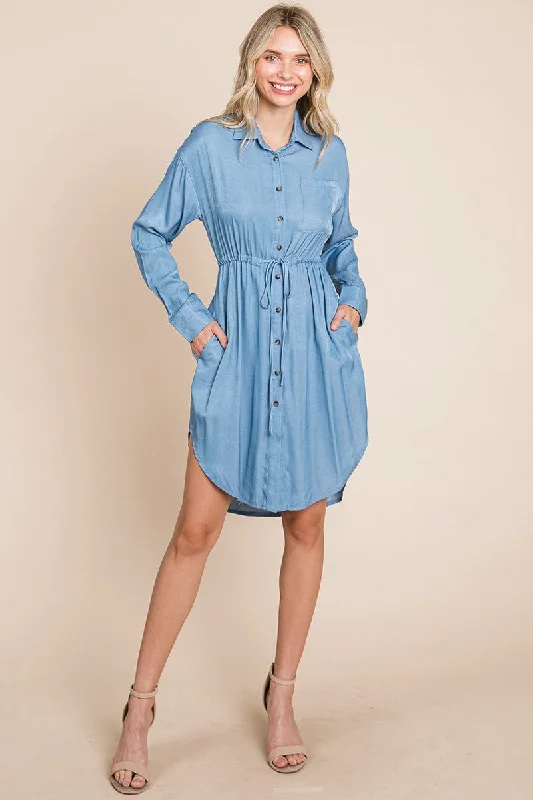 romantic dressButton Down drawstring Tie waist Chambray Dress