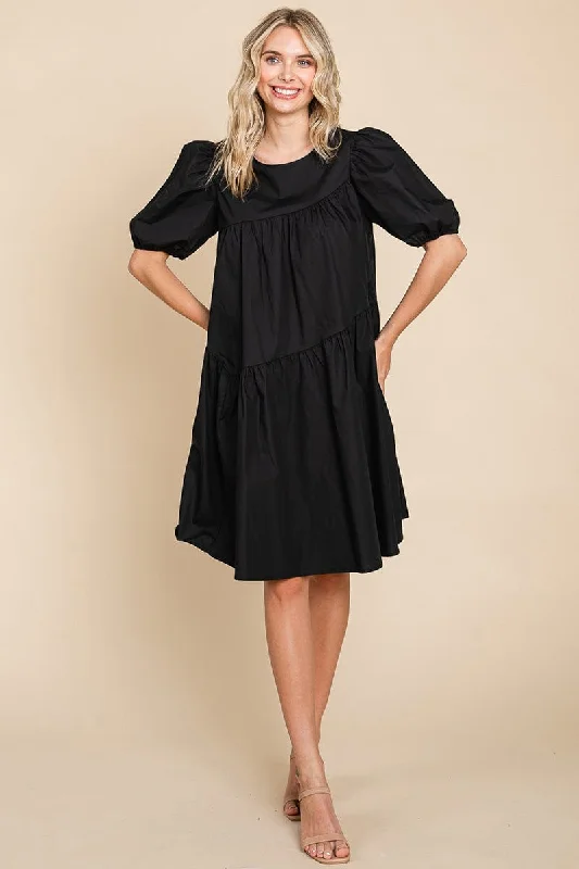 form-fitting dressPoplin Puff Sleeve Tiered Cotton Dress