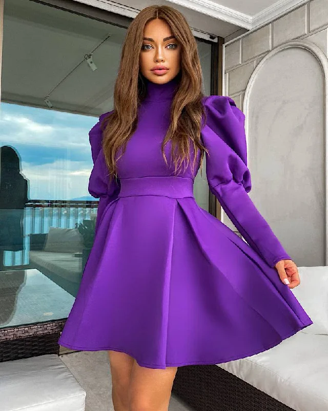 fitted dressExaggerated Shoulder Long Sleeve Flared Skirt Dress