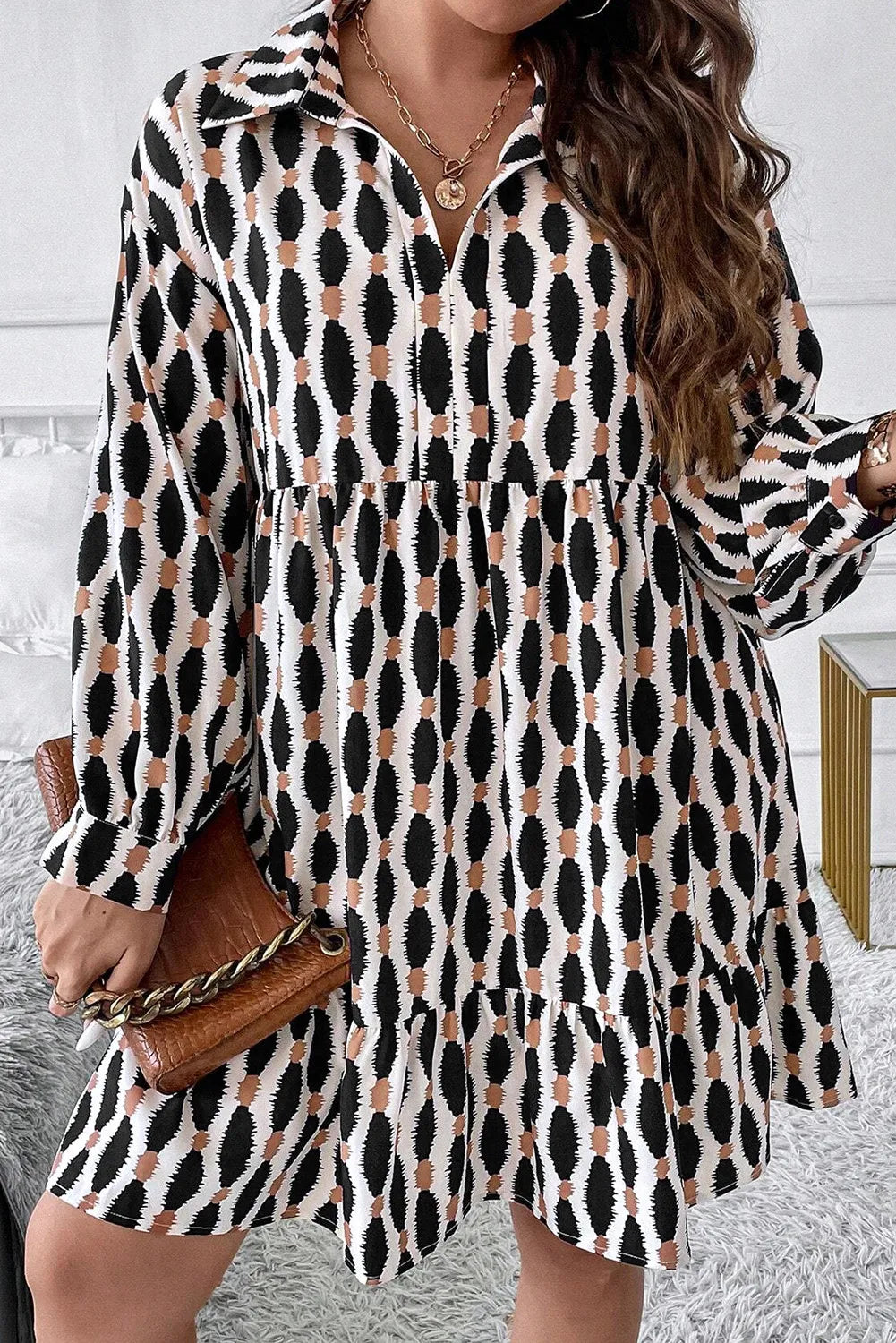 trendy bodycon dressPlus Size Printed Johnny Collar Long Sleeve Dress