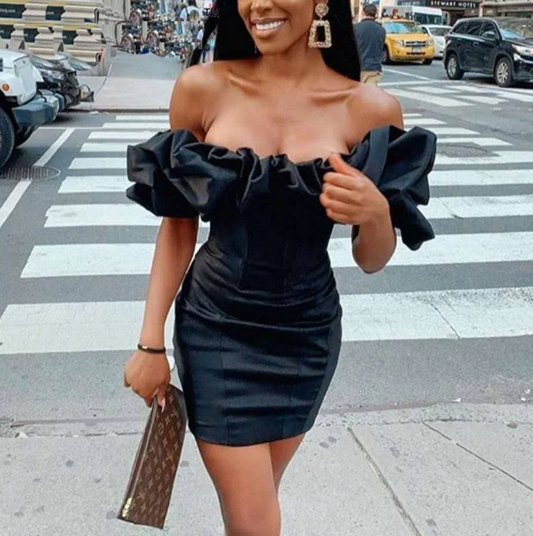 casual shift dressRuffle Neck Off The Shoulder Bodycon Mini Dress