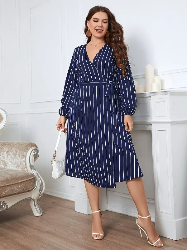 modern dressHoney Melo Apparel Plus Size Striped Surplice Neck Long Sleeve Dress