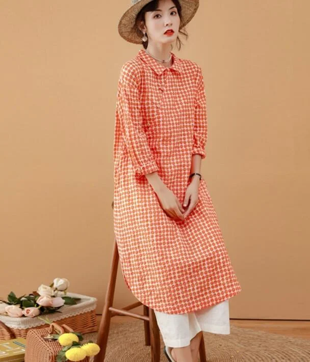 chic dressRed Checked Women Dresses Ramie Casual Spring Linen Women Dresses MN97215